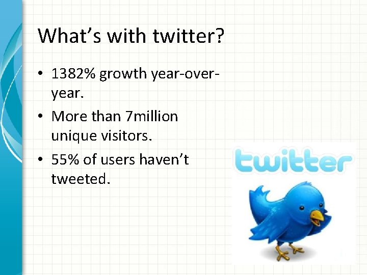 What’s with twitter? • 1382% growth year-overyear. • More than 7 million unique visitors.