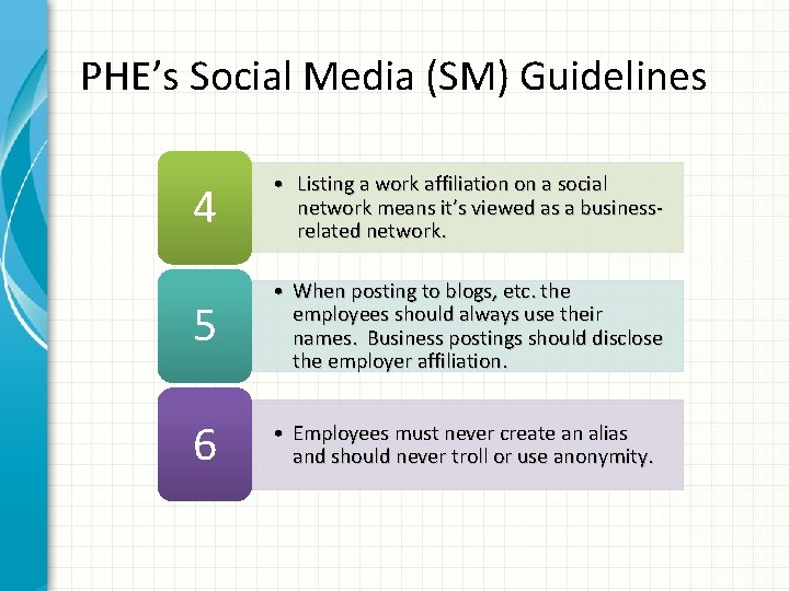 PHE’s Social Media (SM) Guidelines 4 • Listing a work affiliation on a social
