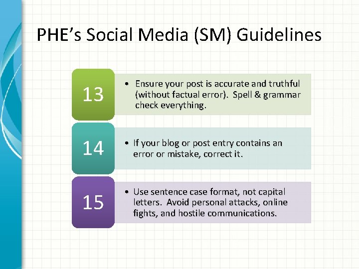 PHE’s Social Media (SM) Guidelines 13 • Ensure your post is accurate and truthful
