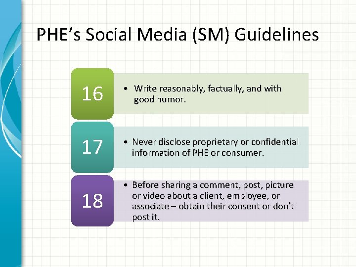 PHE’s Social Media (SM) Guidelines 16 • Write reasonably, factually, and with good humor.