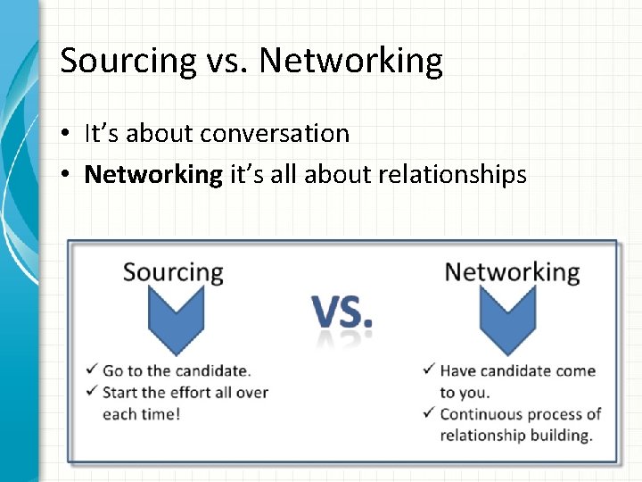 Sourcing vs. Networking • It’s about conversation • Networking it’s all about relationships 