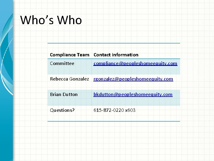 Who’s Who Compliance Team Contact information Committee compliance@peopleshomeequity. com Rebecca Gonzalez rgonzalez@peopleshomeequity. com Brian