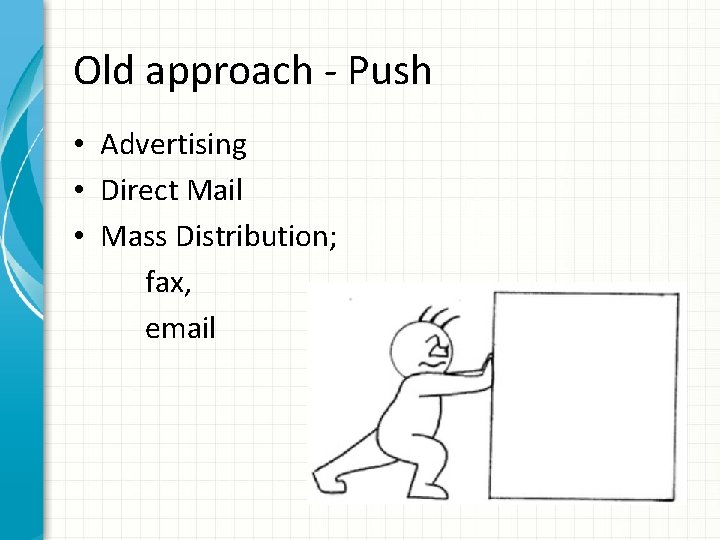 Old approach - Push • Advertising • Direct Mail • Mass Distribution; fax, email