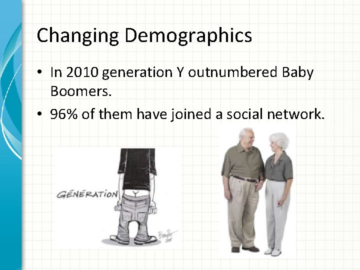 Changing Demographics • In 2010 generation Y outnumbered Baby Boomers. • 96% of them