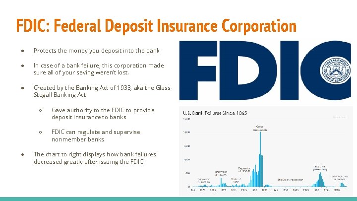 FDIC: Federal Deposit Insurance Corporation ● Protects the money you deposit into the bank