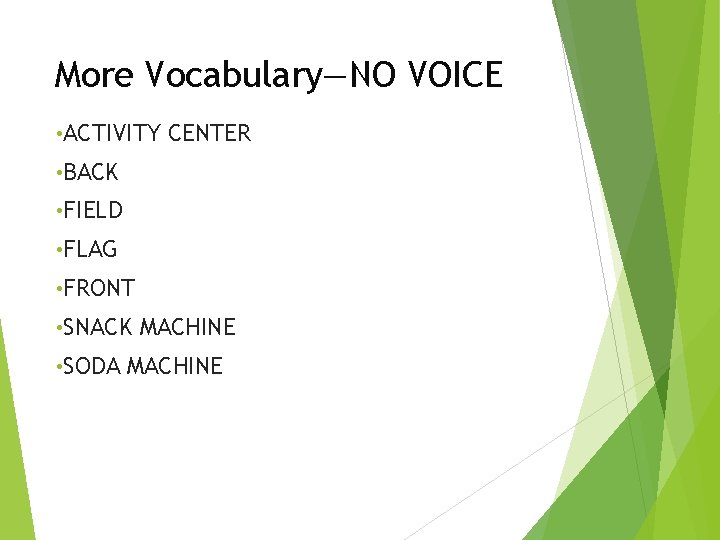 More Vocabulary—NO VOICE • ACTIVITY CENTER • BACK • FIELD • FLAG • FRONT