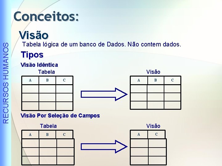 Conceitos: RECURSOS HUMANOS Visão Tabela lógica de um banco de Dados. Não contem dados.