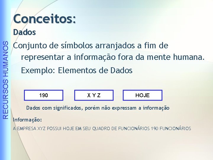 Conceitos: RECURSOS HUMANOS Dados Conjunto de símbolos arranjados a fim de representar a informação