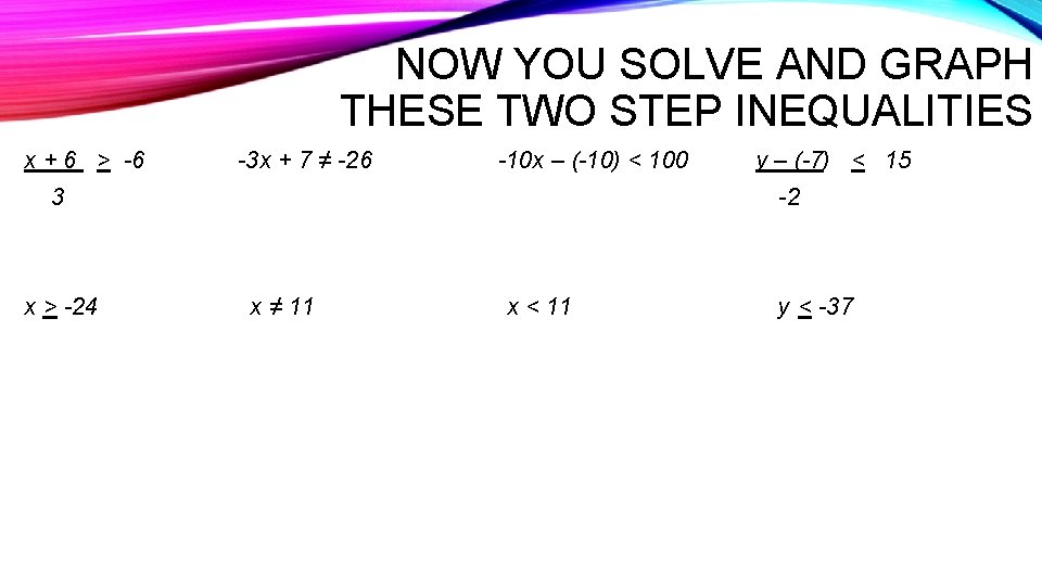 NOW YOU SOLVE AND GRAPH THESE TWO STEP INEQUALITIES x + 6 > -6