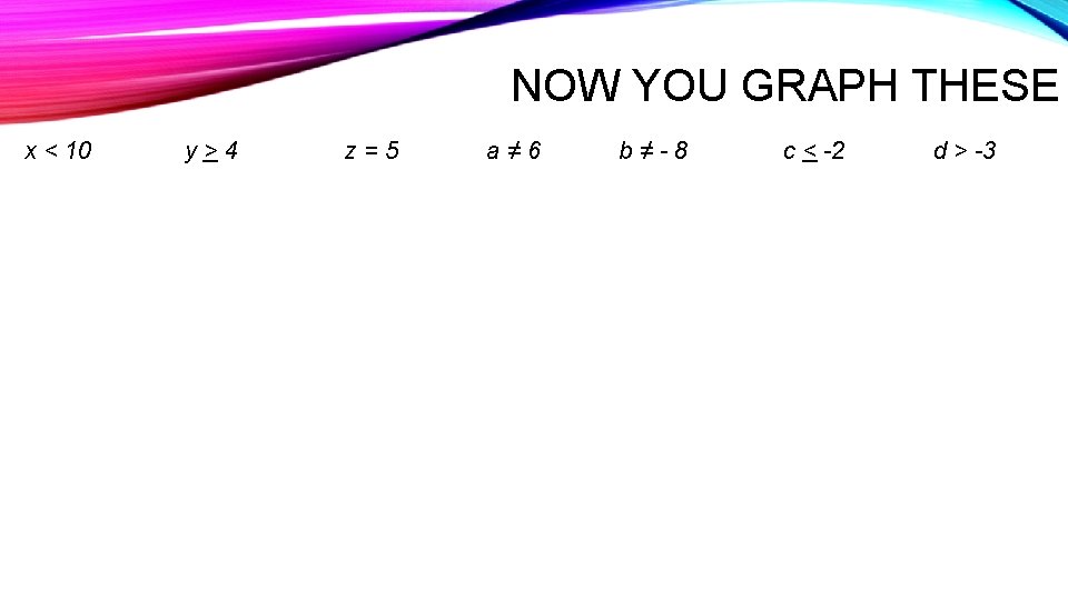 NOW YOU GRAPH THESE x < 10 y>4 z=5 a≠ 6 b≠-8 c <