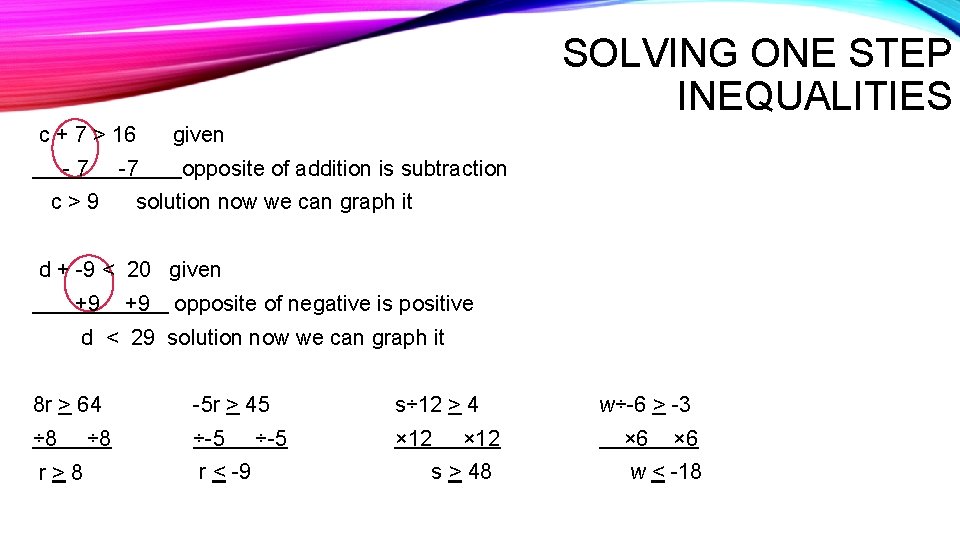 SOLVING ONE STEP INEQUALITIES c + 7 > 16 -7 c>9 -7 given opposite