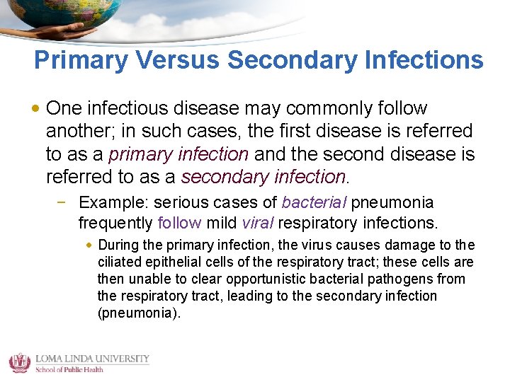 Primary Versus Secondary Infections • One infectious disease may commonly follow another; in such