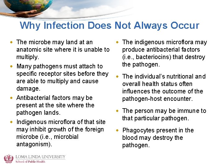 Why Infection Does Not Always Occur • The microbe may land at an anatomic