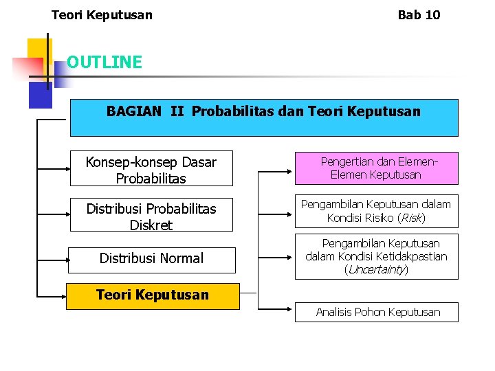 Teori Keputusan Bab 10 OUTLINE BAGIAN II Probabilitas dan Teori Keputusan Konsep-konsep Dasar Probabilitas