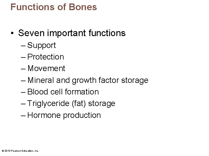 Functions of Bones • Seven important functions – Support – Protection – Movement –