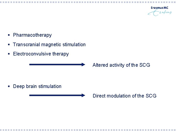 § Pharmacotherapy § Transcranial magnetic stimulation § Electroconvulsive therapy Altered activity of the SCG