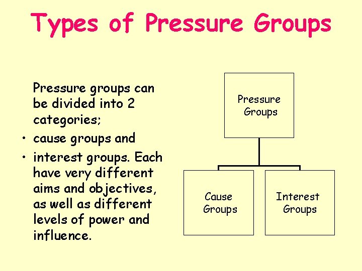 Types of Pressure Groups Pressure groups can be divided into 2 categories; • cause