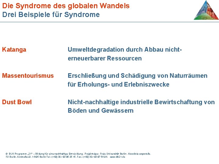 Die Syndrome des globalen Wandels Drei Beispiele für Syndrome Katanga Umweltdegradation durch Abbau nichterneuerbarer