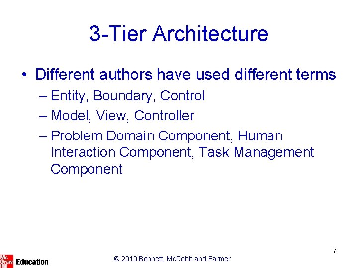 3 -Tier Architecture • Different authors have used different terms – Entity, Boundary, Control