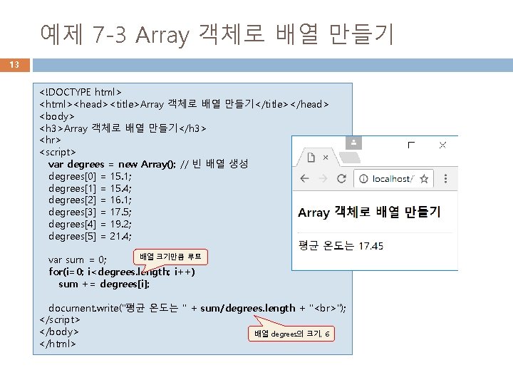 예제 7 -3 Array 객체로 배열 만들기 13 <!DOCTYPE html> <html><head><title>Array 객체로 배열 만들기</title></head>
