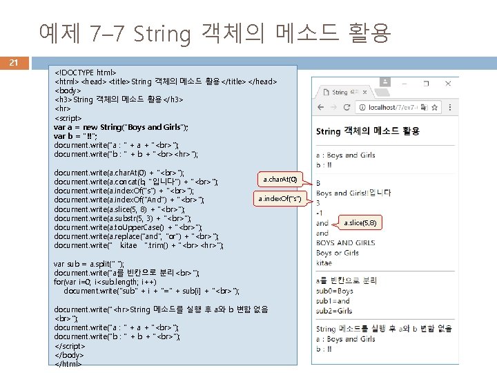 예제 7– 7 String 객체의 메소드 활용 21 <!DOCTYPE html> <html><head><title>String 객체의 메소드 활용</title></head>