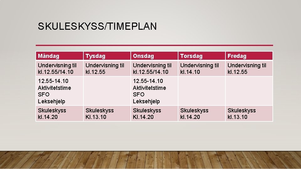 SKULESKYSS/TIMEPLAN Måndag Tysdag Onsdag Torsdag Fredag Undervisning til kl. 12. 55/14. 10 Undervisning til