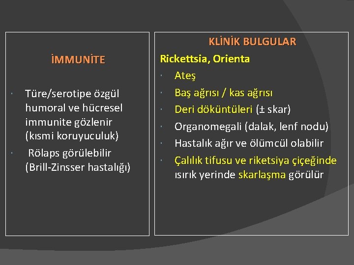 İMMUNİTE Türe/serotipe özgül humoral ve hücresel immunite gözlenir (kısmi koruyuculuk) Rölaps görülebilir (Brill-Zinsser hastalığı)