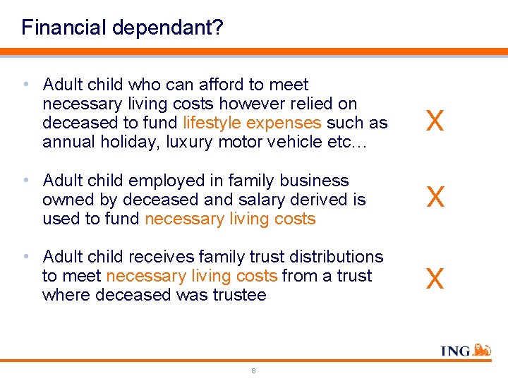 Financial dependant? • Adult child who can afford to meet necessary living costs however