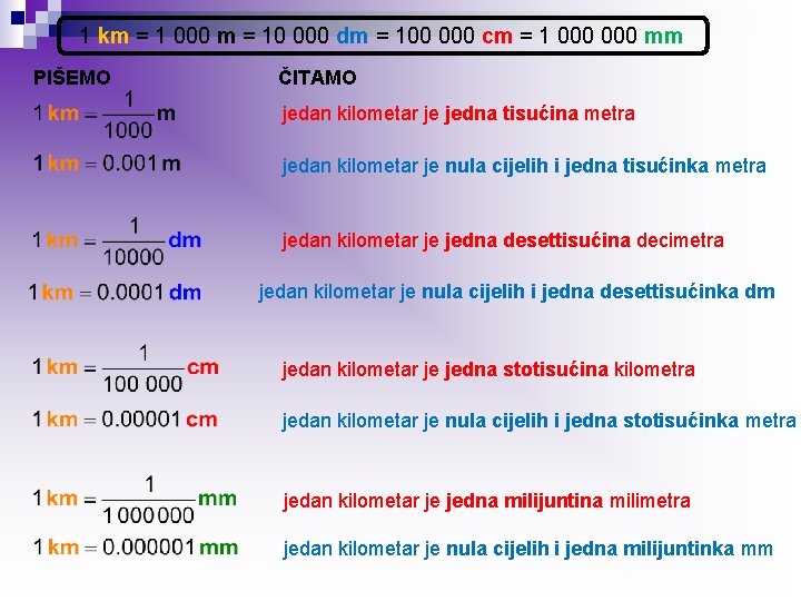 1 km = 1 000 m = 10 000 dm = 100 000 cm