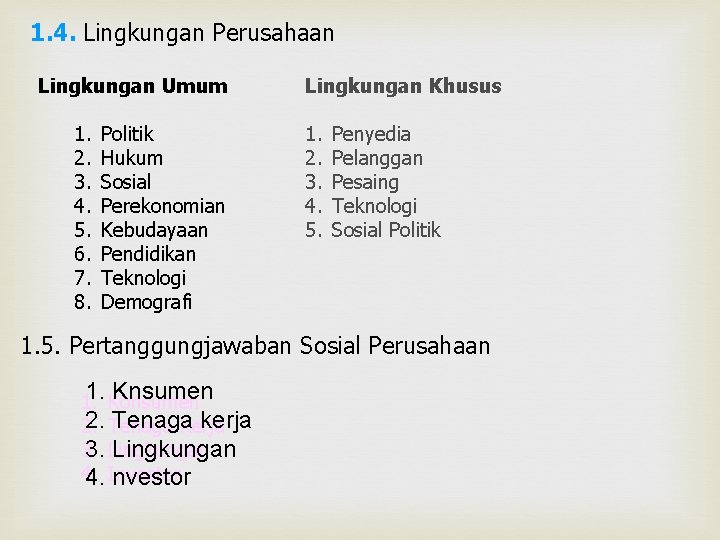 1. 4. Lingkungan Perusahaan Lingkungan Umum 1. 2. 3. 4. 5. 6. 7. 8.