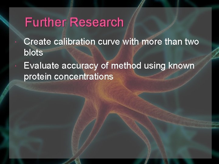 Further Research Create calibration curve with more than two blots Evaluate accuracy of method