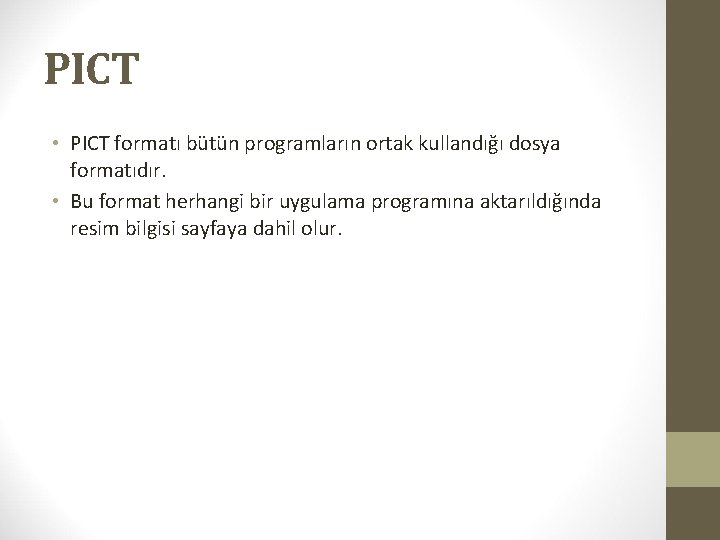 PICT • PICT formatı bütün programların ortak kullandığı dosya formatıdır. • Bu format herhangi