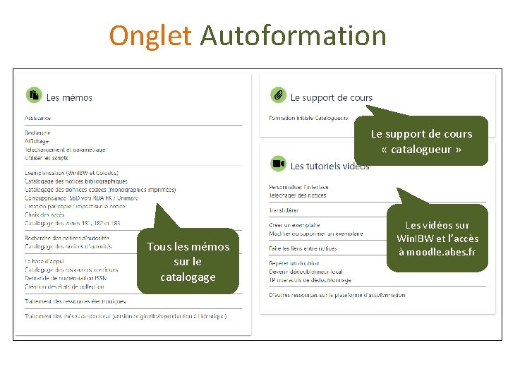 Onglet Autoformation Le support de cours « catalogueur » Tous les mémos sur le