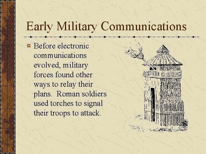 Early Military Communications Before electronic communications evolved, military forces found other ways to relay