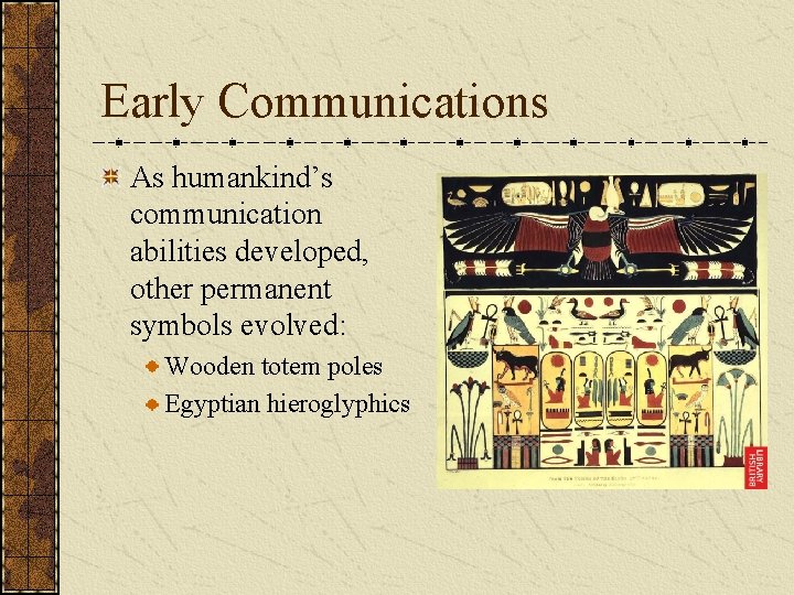 Early Communications As humankind’s communication abilities developed, other permanent symbols evolved: Wooden totem poles