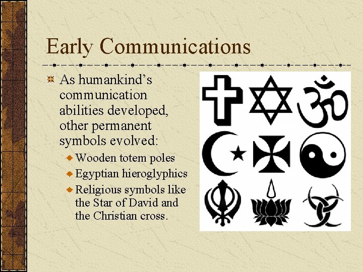 Early Communications As humankind’s communication abilities developed, other permanent symbols evolved: Wooden totem poles