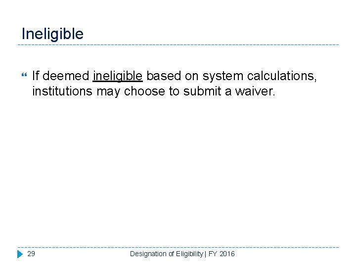 Ineligible If deemed ineligible based on system calculations, institutions may choose to submit a