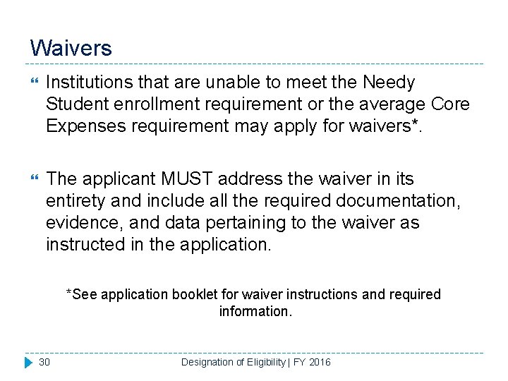 Waivers Institutions that are unable to meet the Needy Student enrollment requirement or the