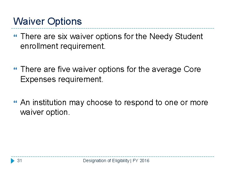 Waiver Options There are six waiver options for the Needy Student enrollment requirement. There