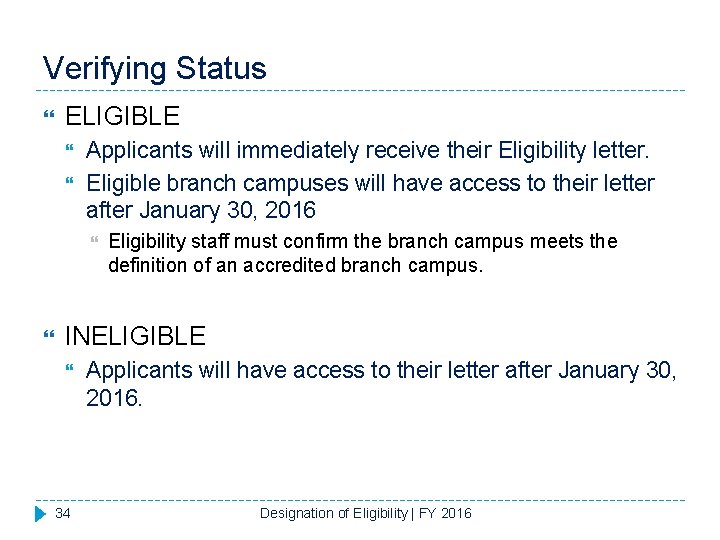 Verifying Status ELIGIBLE Applicants will immediately receive their Eligibility letter. Eligible branch campuses will