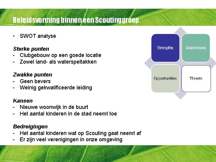 Beleidsvorming binnen een Scoutinggroep • SWOT analyse Sterke punten - Clubgebouw op een goede