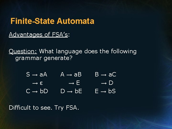 Finite-State Automata Advantages of FSA’s: Question: What language does the following grammar generate? S