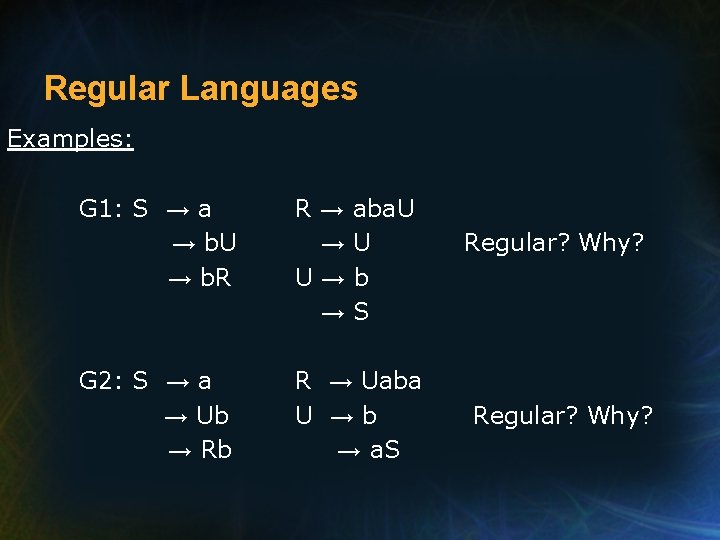 Regular Languages Examples: G 1: S → a → b. U → b. R