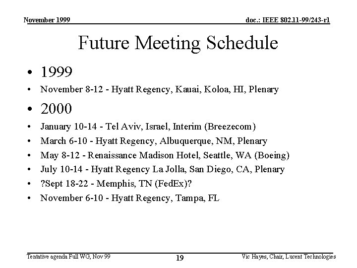 November 1999 doc. : IEEE 802. 11 -99/243 -r 1 Future Meeting Schedule •