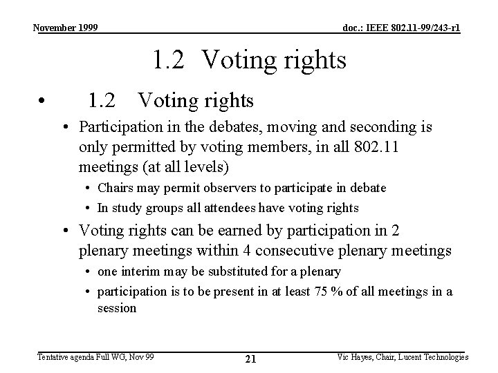 November 1999 doc. : IEEE 802. 11 -99/243 -r 1 1. 2 Voting rights