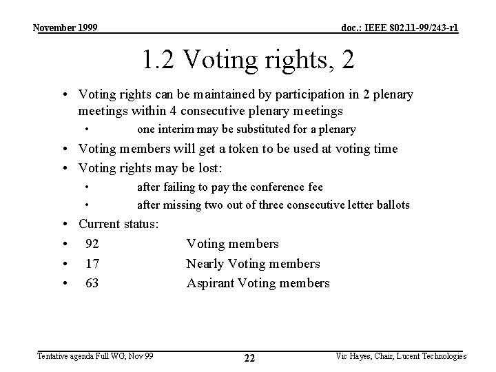 November 1999 doc. : IEEE 802. 11 -99/243 -r 1 1. 2 Voting rights,