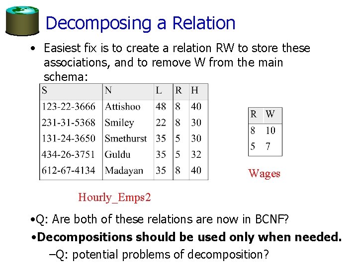 Decomposing a Relation • Easiest fix is to create a relation RW to store