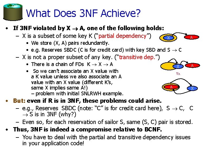 What Does 3 NF Achieve? • If 3 NF violated by X A, one