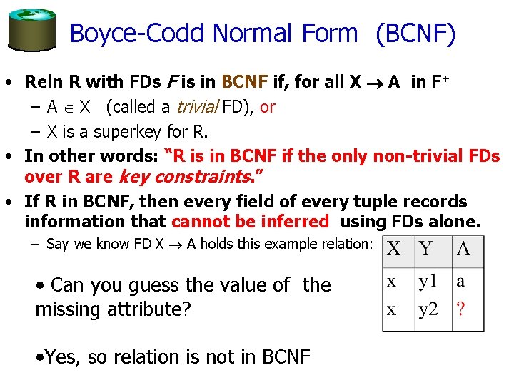 Boyce-Codd Normal Form (BCNF) • Reln R with FDs F is in BCNF if,