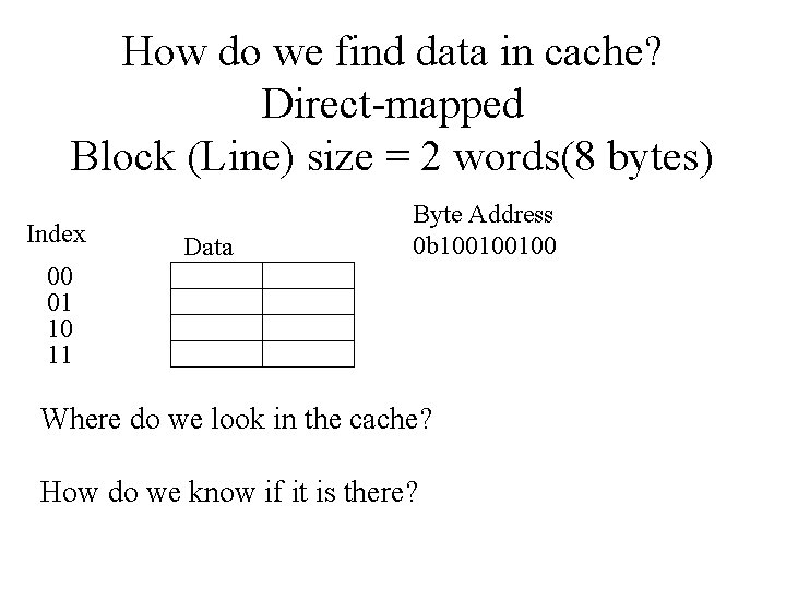 How do we find data in cache? Direct-mapped Block (Line) size = 2 words(8
